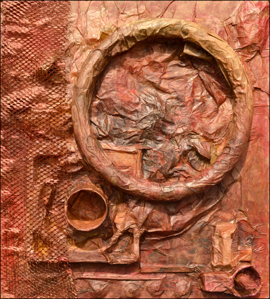 An art piece from AbandonmenTissues that is a terracotta color of different shapes and texture, including a large ring that protrudes off the canvas.