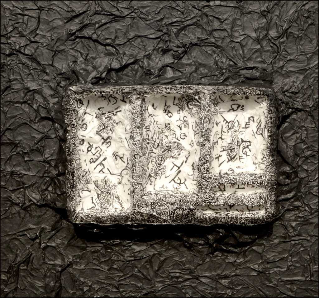 An art piece from AbandonmenTissues that features black textures paper on canvas with a white rectangle in the middle with black, small details drawn on it throughout.