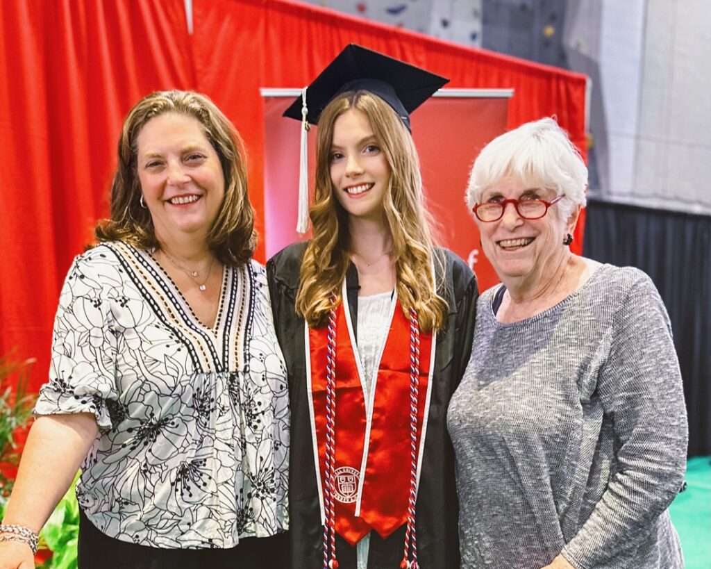 From left, Suzannah Johnson Creedon ’92, Eleanor Creedon ’24, and Linda Jarschauer Johnson ’60, MS ’63, at Eleanor's graduation