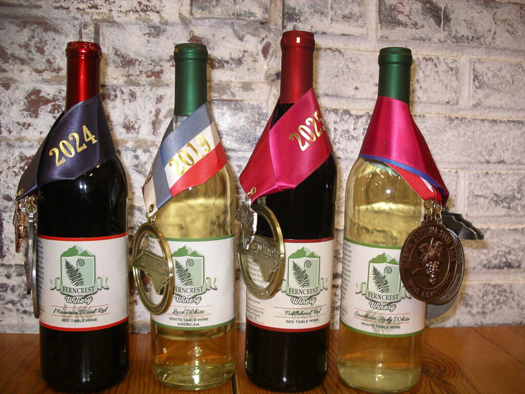 FernCrest wine bottles with medals