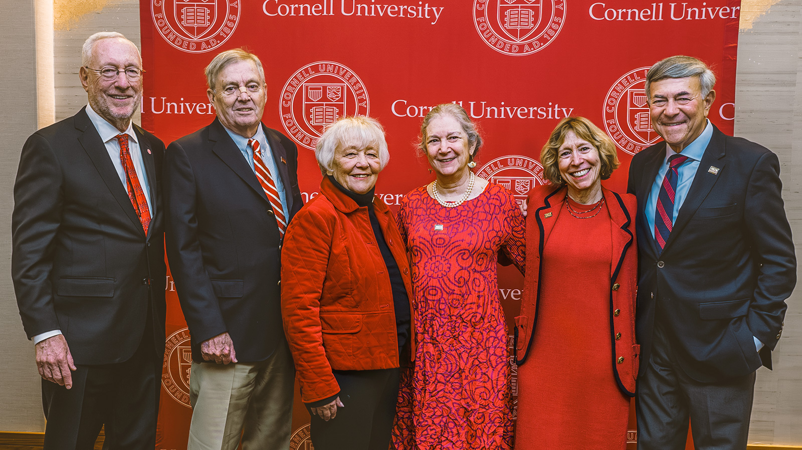 President Mike Kotlikoff with Rhodes Award winners Robert Everett ’65, Mary Jansen Everett ’66, Elisabeth Kaplan Boas ’71, Lisa Kremer Ullmann ’81, and Robert Harrison ’76.