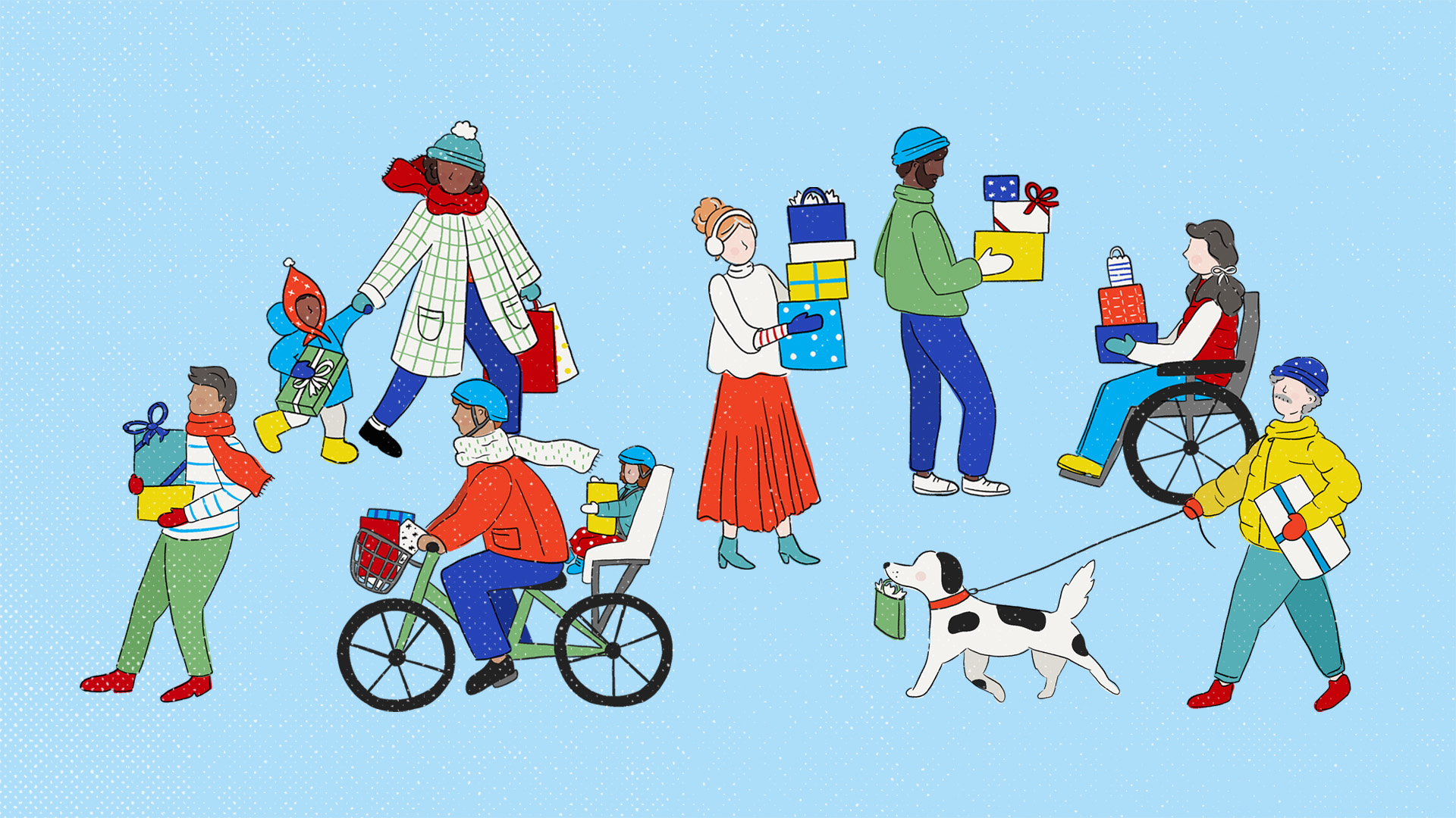 An illustration depicting people in winter garb exchanging and shopping for presents