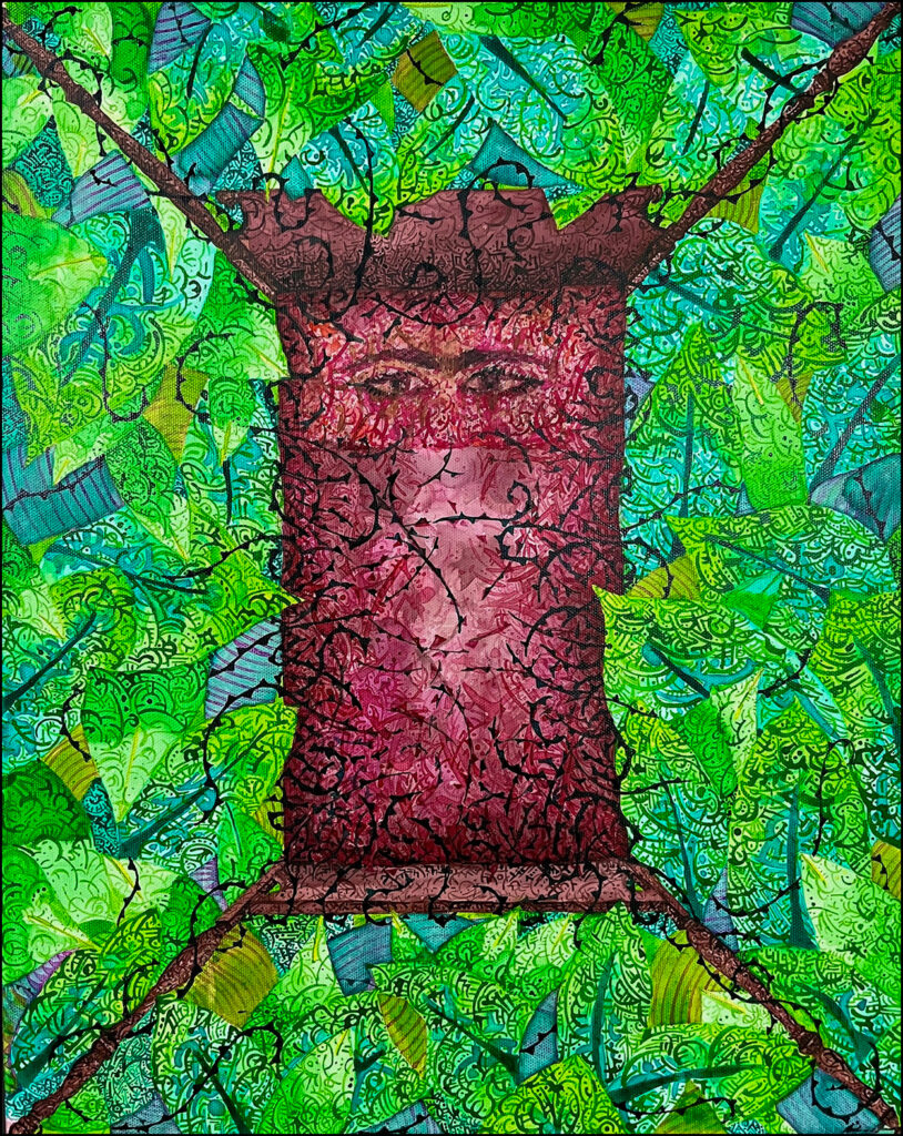 An art piece featuring bright green and teal leafs stacked on each other with a red rectangle in the middle with faded eyes in it.