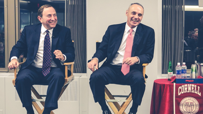 National Hockey League Commissioner Gary Bettman ’74, left, and Major League Baseball Commissioner Robert D. Manfred Jr. ’80, at an ILR event in NYC in 2017