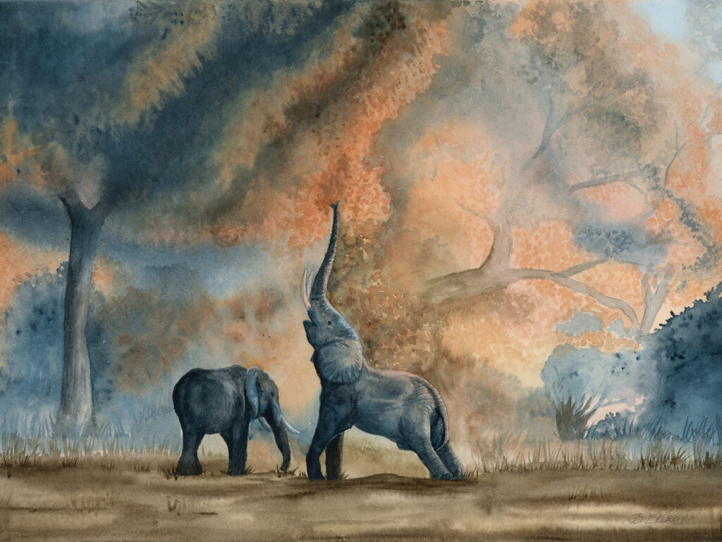 A painting of two elephants with a background of orange leaves