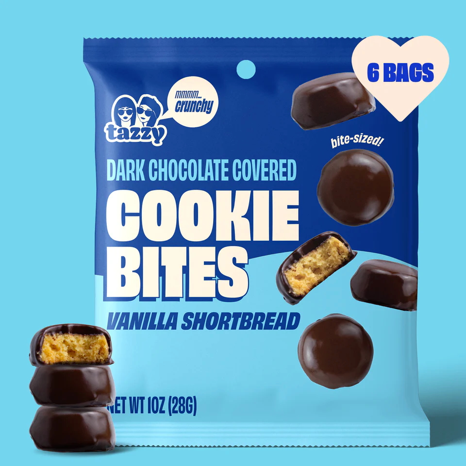 A package of Tazzy cookie bites in vanilla shortbread
