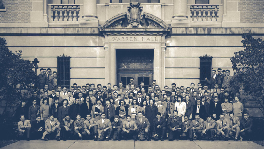 ILR students gather in front of Warren Hall on the new school’s first day of classes in November 1945