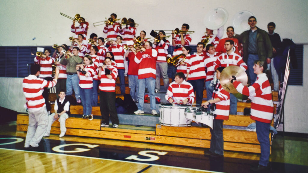 The Pep Band plays at an away basketball game against Yale in the mid-1990s