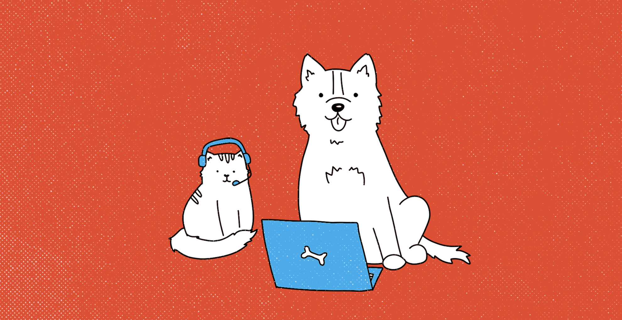 A graphic of a cat and dog next to each other behind a laptop.