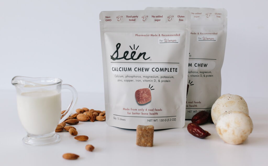 Bags of Seen calcium supplements with some of their ingredients