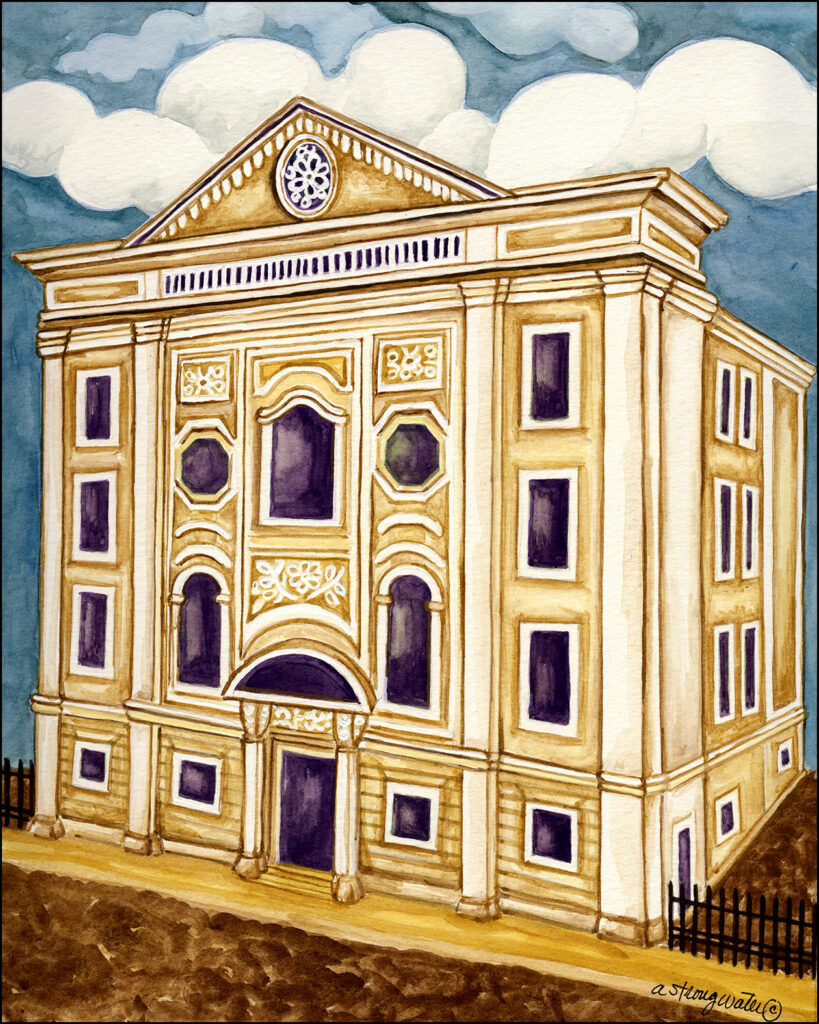 painting by Andrea Strongwater of the exterior of the synagogue in the port city of Livorno (on the Ligurian Sea on the west coast of Tuscany), built in 1603