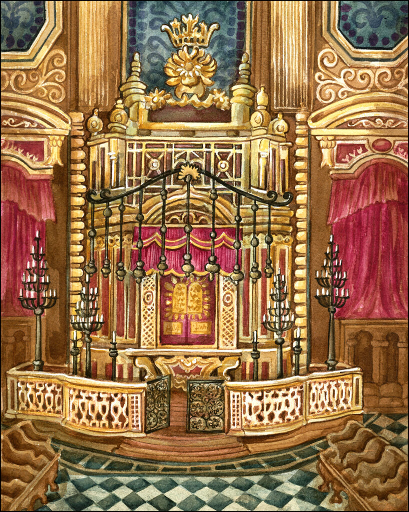 painting by Andrea Strongwater of the interior of the synagogue in the port city of Livorno (on the Ligurian Sea on the west coast of Tuscany), built in 1603