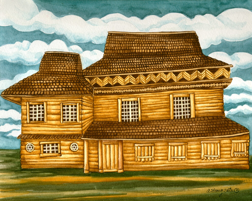 painting by Andrea Strongwater of the synagogue in Zabłudów (once located in Russia, now in northeastern Poland), built between 1635 and 1646