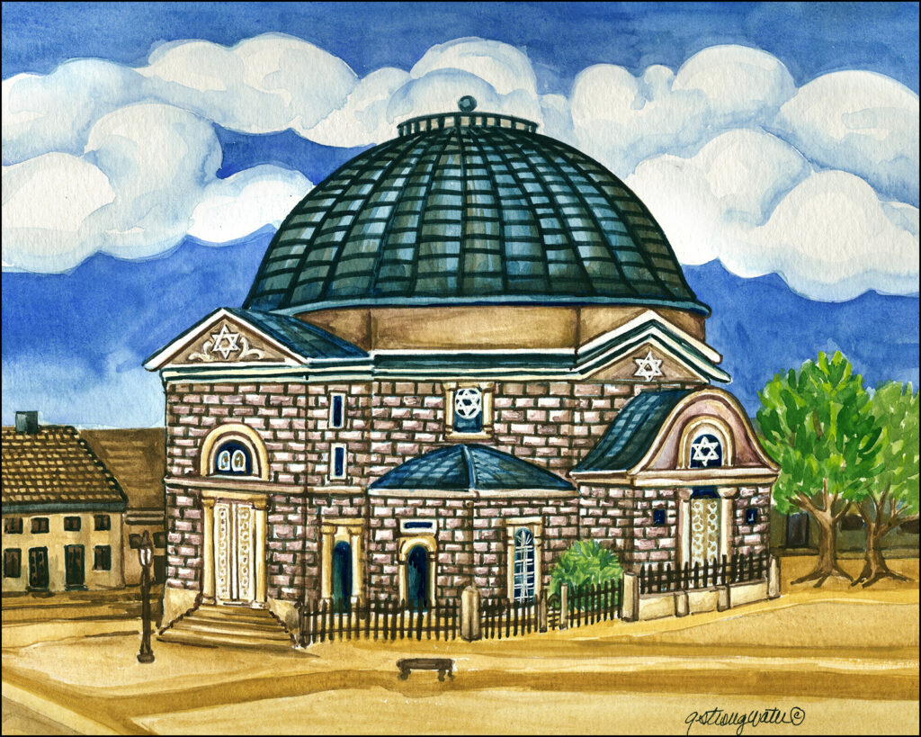 painting by Andrea Strongwater of the temple in Lviv (once in Russia, now in the western part of Ukraine), built in 1845