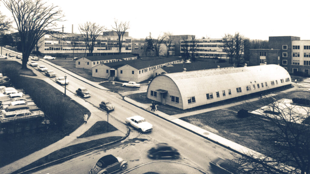 Former World War II barracks and a Quonset hut on the future Engineering Quad when it was home to the ILR School in the late 1940s