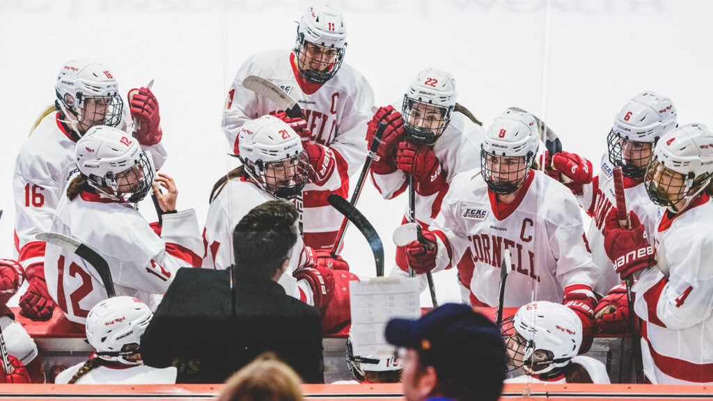 Doug Derraugh talks to his team during a time out in Lynah Rink in 2022 during a game against St. Lawrence.