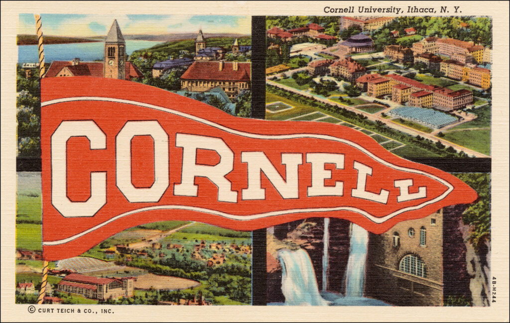 a postcard from 1940 showing a Cornell pennant superimposed on four Cornell campus scenes