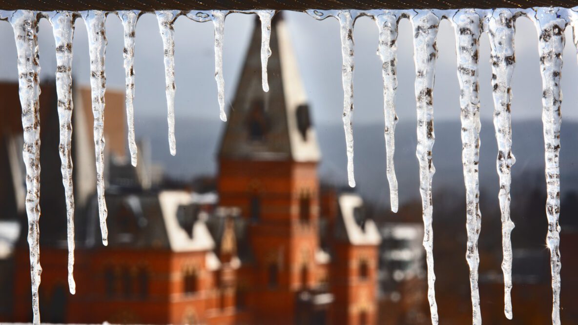 Sage Hall framed by icicles