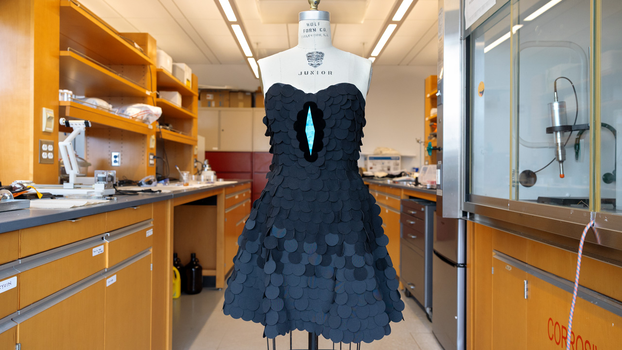 A prototype dress made using the avian inspired ultra black dyed fabric is seen in the lab in the Human Ecology Building on Wednesday, November 5, 2025. (Ryan Young / Cornell University)