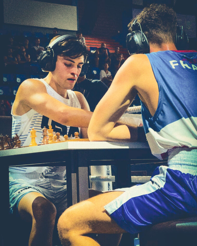 Will MacLeod playing chess in the finals at the chessboxing world championships.
