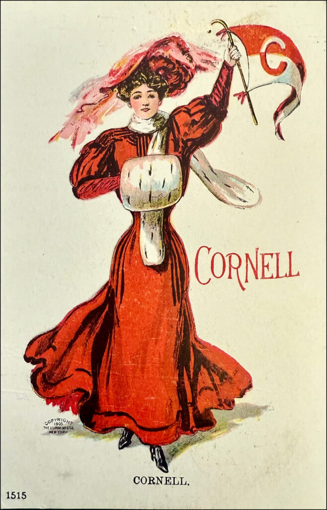 a vintage Cornell postcard showing a woman holding a red-and-white Cornell pennant