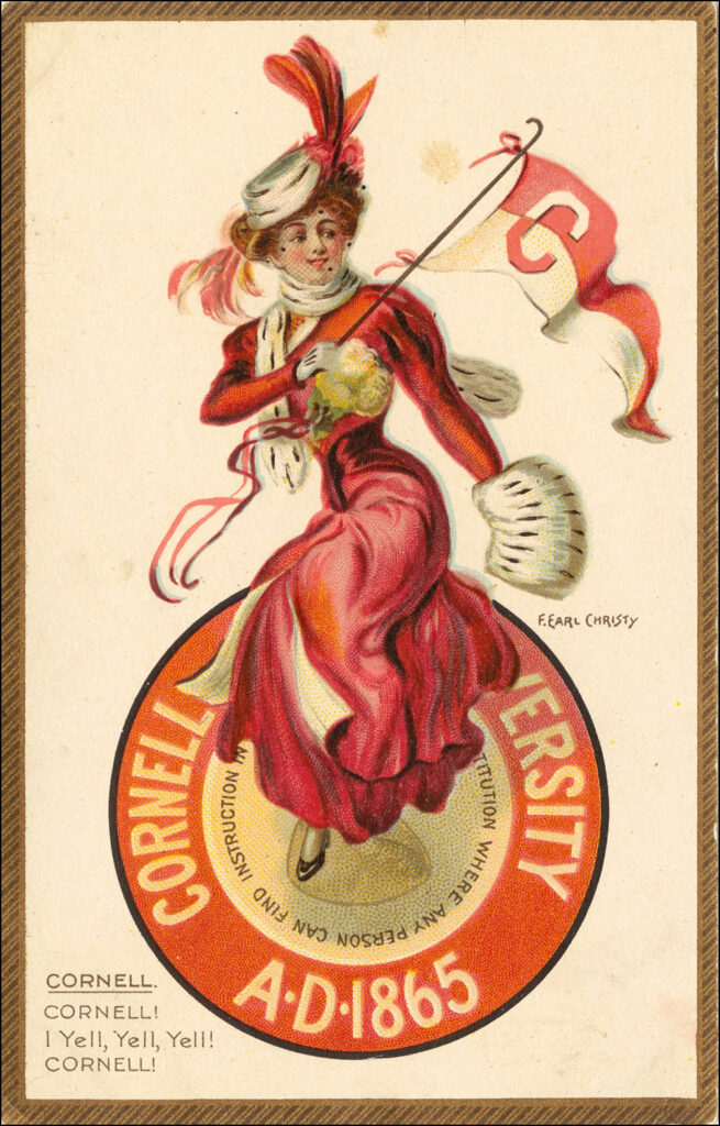 a vintage "Yell Cornell!" postcard showing a woman holding a red-and-white Cornell pennant over a circular Cornell seal