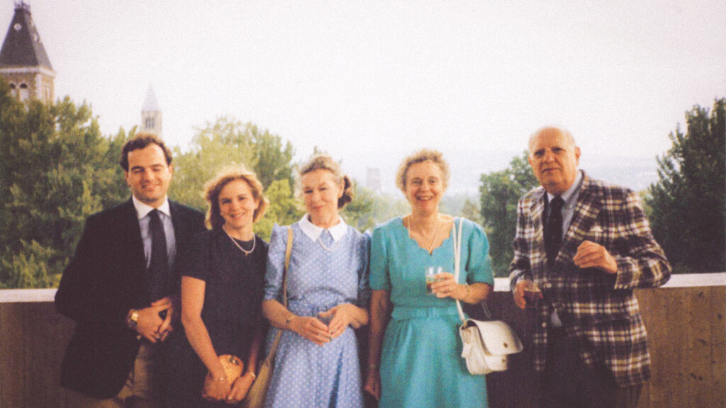 From left, Jamie Hintlian ’82, MEng ’85, MBA ’86; Carolyn Bristor Hintlian ’83, MS ’86; Carolyn’s mom; and Jamie’s mom and dad at a graduation reception at the Johnson Museum of Art in 1986
