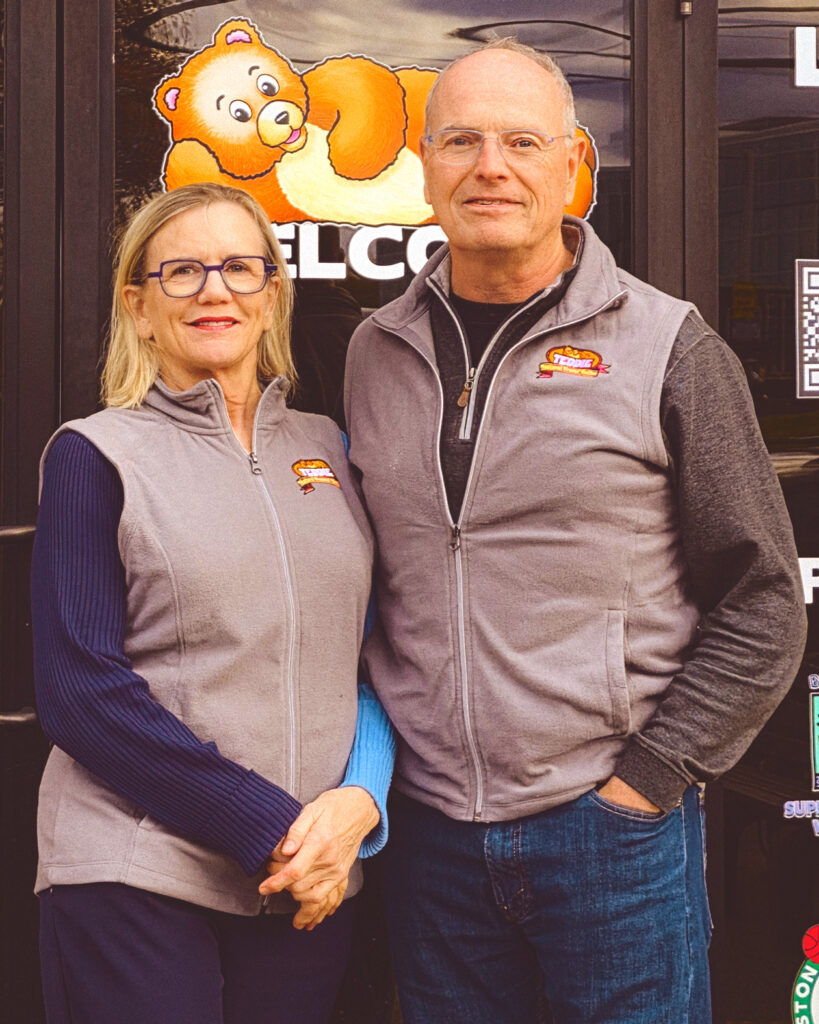 Carolyn Bristor Hintlian ’83, MS ’86, technical director for Teddie, and Jamie Hintlian ’82, MEng ’85, MBA ’86, Teddie CEO, in front of their offices
