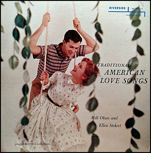 An album cover of "Traditional American Love Songs" by Ellen Stekert and Milt Okun featuring Stekert wearing a dress and sitting on a swing and Okun behind her.