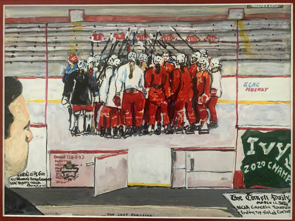 A water color painting of the 2019-20 team during an on-ice group hug in Lynah Rink, featuring Doug Derraugh looking out at the team.