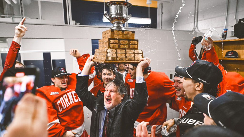 Cornell Men's Hockey Head Coach, Mike Schafer, on March 22, 2025 at Herb Brooks Arena in Lake Placid, NY. Cornell Men’s Ice Hockey defeated Clarkson 3-1, clinching a spot in the NCAA tournament. (Caroline Sherman/Cornell Athletics)