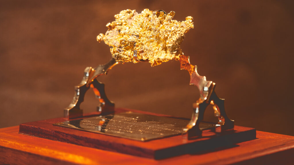 a piece of naturally crystallized gold on display at the Heasley Mineralogy Museum in Snee Hall
