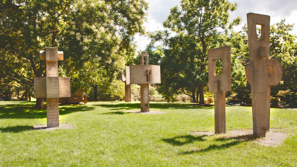 several of the concrete sculptures at the Cornell Botanic Gardens