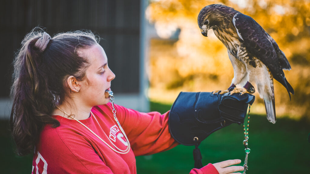 Noel Acor holds E3 on her glove during outdoor training with a whistle in her mouth.
