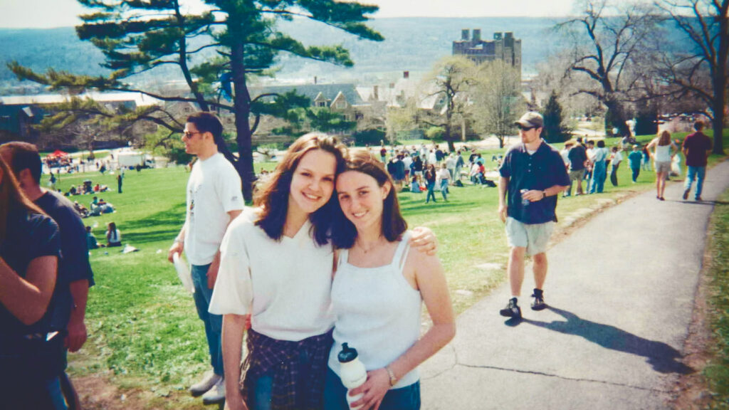 Carla Gallo with a friend as students on campus.