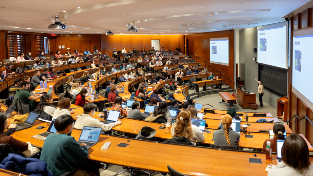 students fill a lecture hall in Myron Taylor Hall for the first day of classes for the spring 2026 semester