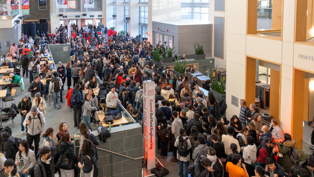 Students, faculty, and staff in the atrium of the Engineering Quad’s Duffield Hall for the naming celebration.