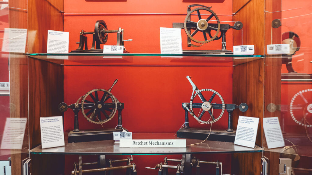 models in a display case as part of the Reuleaux Collection of Mechanisms and Machines