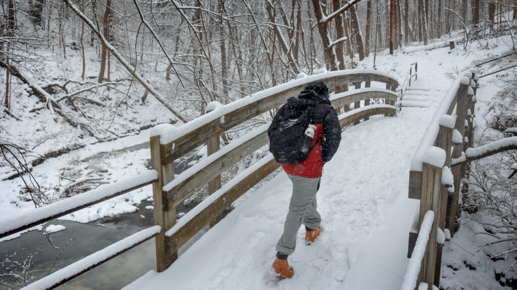 A student walks over a snowy bridge near the woods