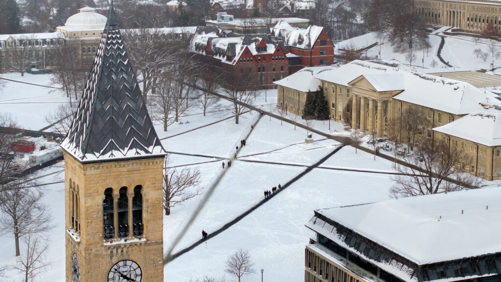 Central campus is seen on Monday, January 26, 2026, after a large snow storm struck the area the day before. (Ryan Young / Cornell University)