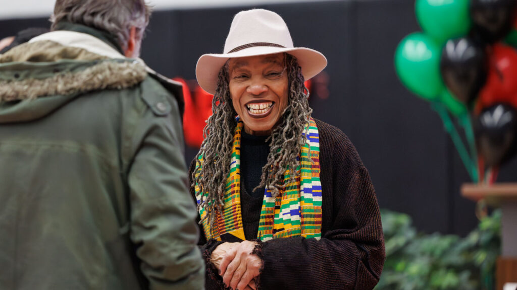 Anne V. Adams, professor emerita in Africana studies and comparative literature and chair of the Toni Morrison Collective, attends the community celebration for Toni Morrison’s 95th birthday.