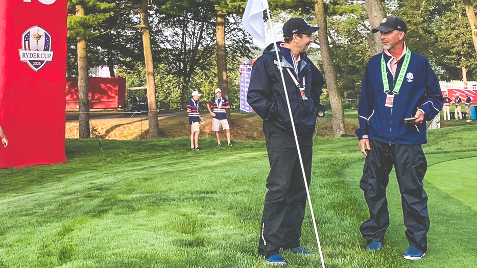 Frank Rossi, at left, chats with a Bethpage official during the Ryder Cup event in fall 2025