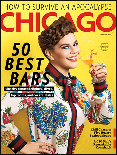 cover of "Chicago" magazine in February 2017 featuring Julia Momosé and "50 Best Bars"