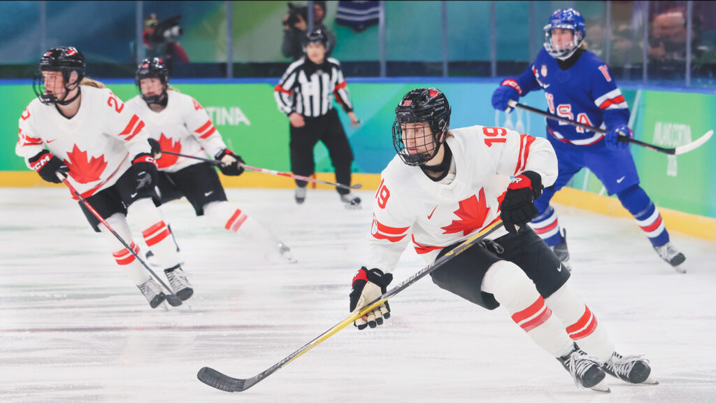 MILAN, ITALY - FEBRUARY 19: Brianne Jenner #19 of Team Canada skates in the second period during the Women's Gold Medal match between the United States and Canada on day 13 of the Milano Cortina 2026 Winter Olympic games at Milano Santagiulia Ice Hockey Arena on February 19, 2026 in Milan, Italy. (Photo by Bruce Bennett/Getty Images)