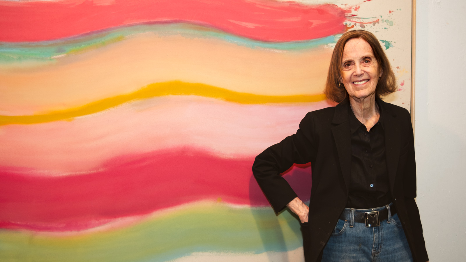 Pat Sutton Lipsky ’63 in her studio in Chelsea in front of her painting “Pagoda” (2024)