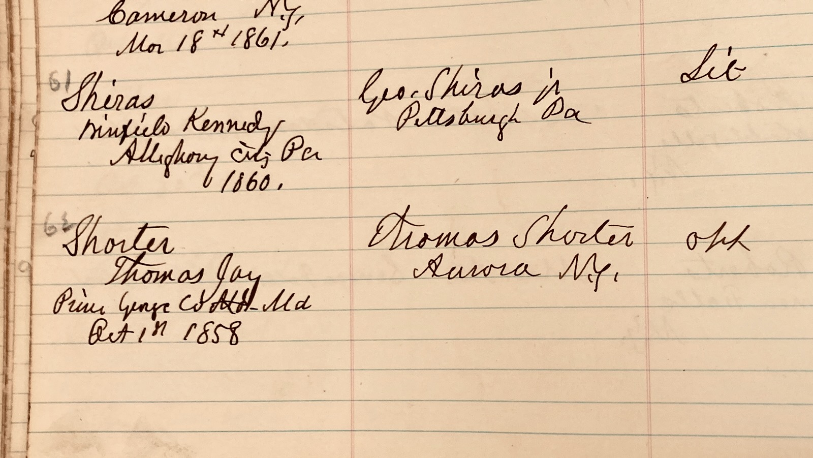 Thomas Shorter's entry in the Cornell matriculation book