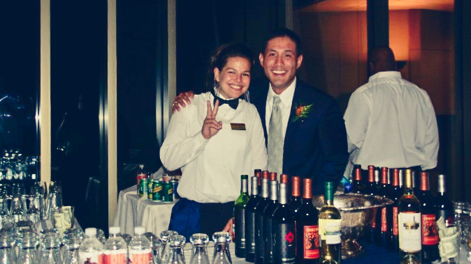 Julia Kumiko and friend while working at Cornell Catering in 2010