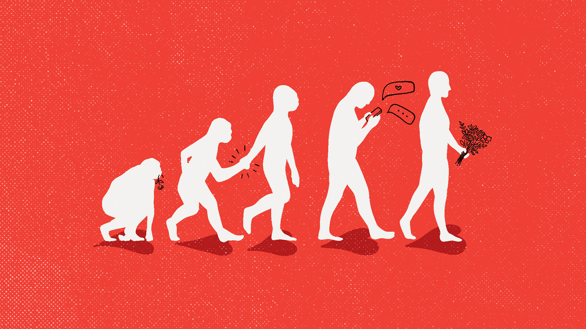 An illustration on a red background depicting evolution with a person texting and other carrying flowers