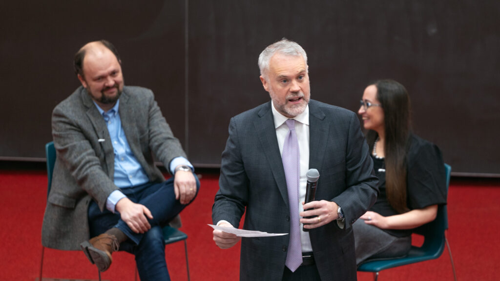 Peter John Loewen, the Harold Tanner Dean of the College of Arts & Sciences and professor of government, moderates the class Disagreement (GOVT 1109) in Uris G01 Feb. 11, 2026. Ross Douthat, New York Times opinion columnist, and Kate Manne, professor of philosophy in the College of Arts and Sciences, were the guests for this week.