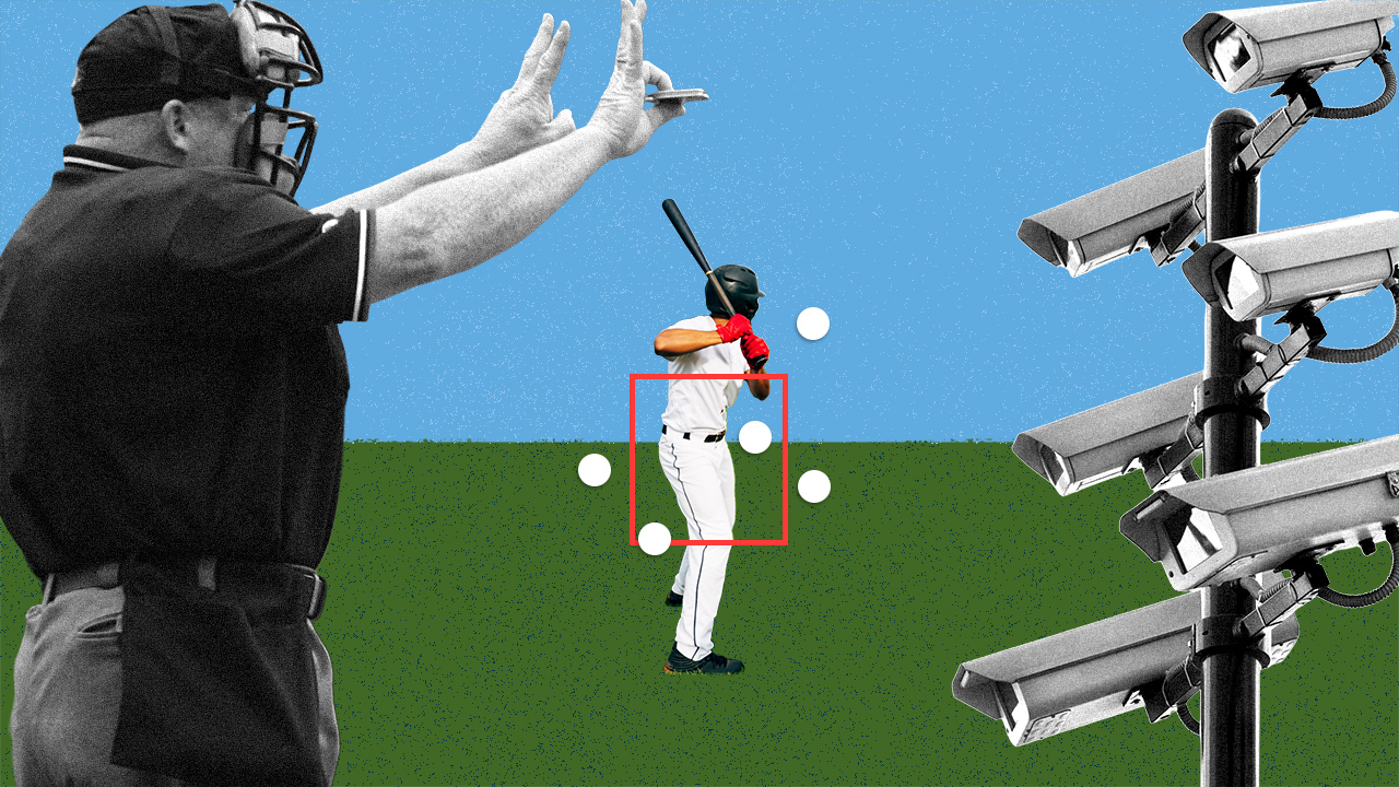 A photo illustration showing a baseball player up at the plat, an umpire, and surveillance cameras